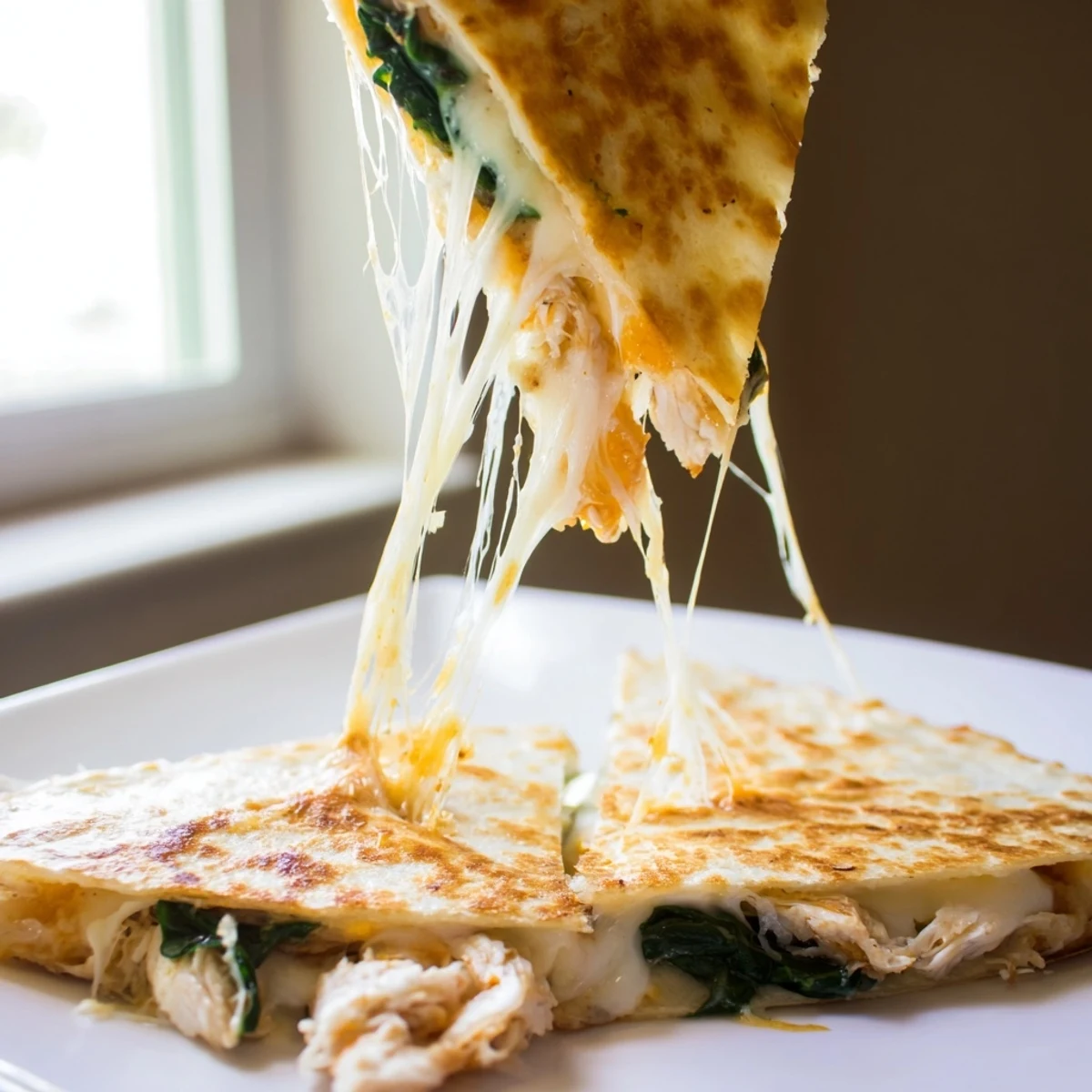 Freshly grilled Chicken and Spinach Quesadilla cut into slices, steam rising, with sour cream on the side.