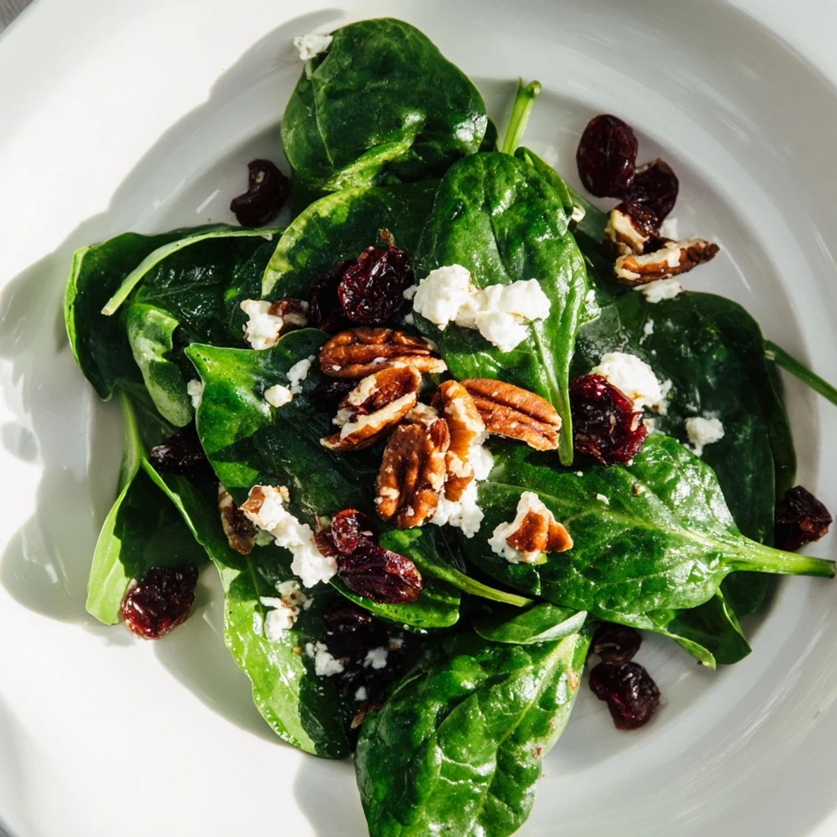 Fresh baby spinach leaves topped with creamy crumbled goat cheese, sweet dried cranberries, and crunchy candied pecans, all tossed in a tangy homemade balsamic vinaigrette.