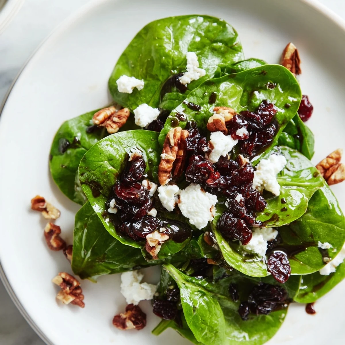 A close-up view of a vibrant Spinach Goat Cheese Salad, showing the glossy dressing coating every leaf and the rich texture of the crumbled cheese and nuts.
