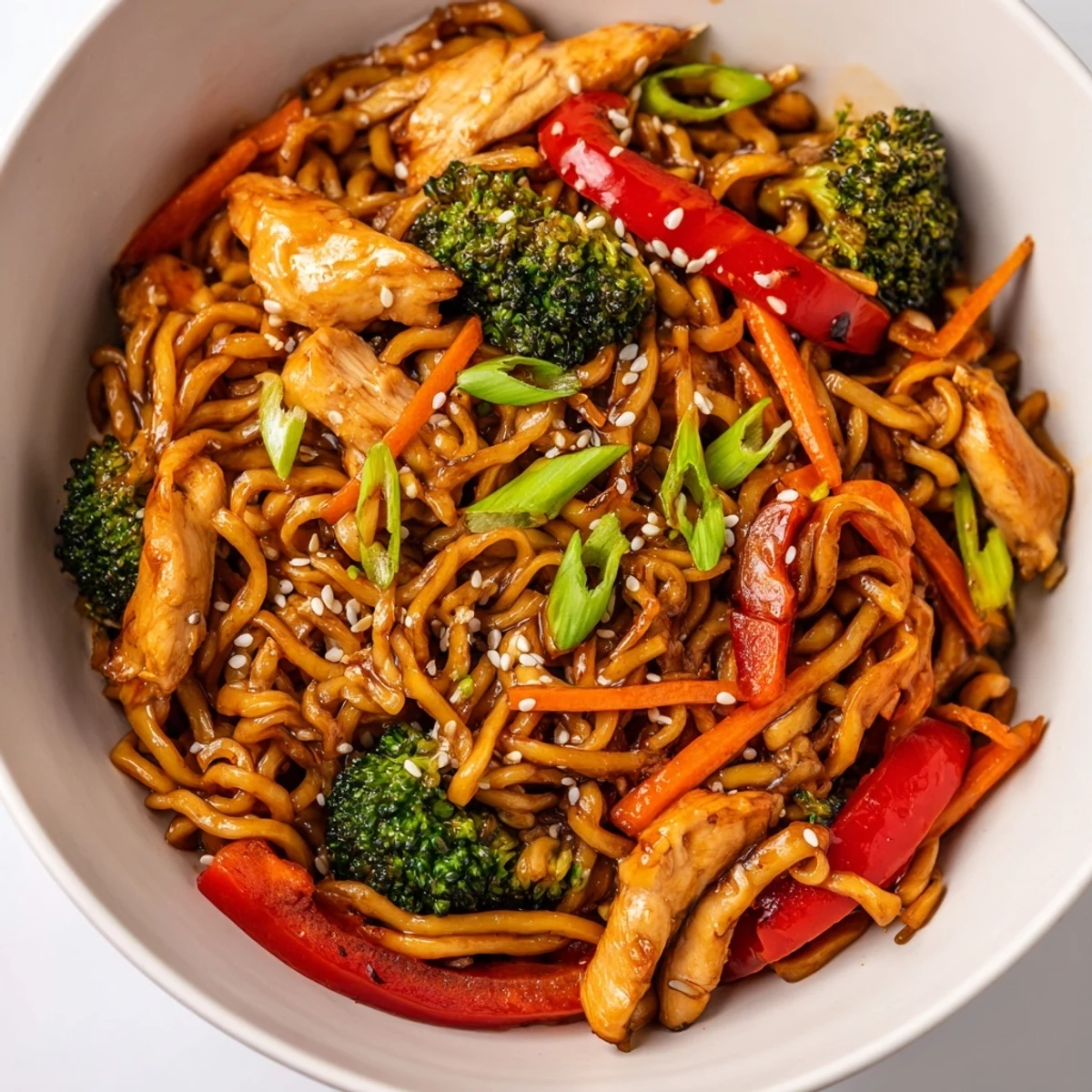 Vibrant Spicy Ramen Stir-Fry with tender chicken and crisp vegetables, served steaming hot in a wok.