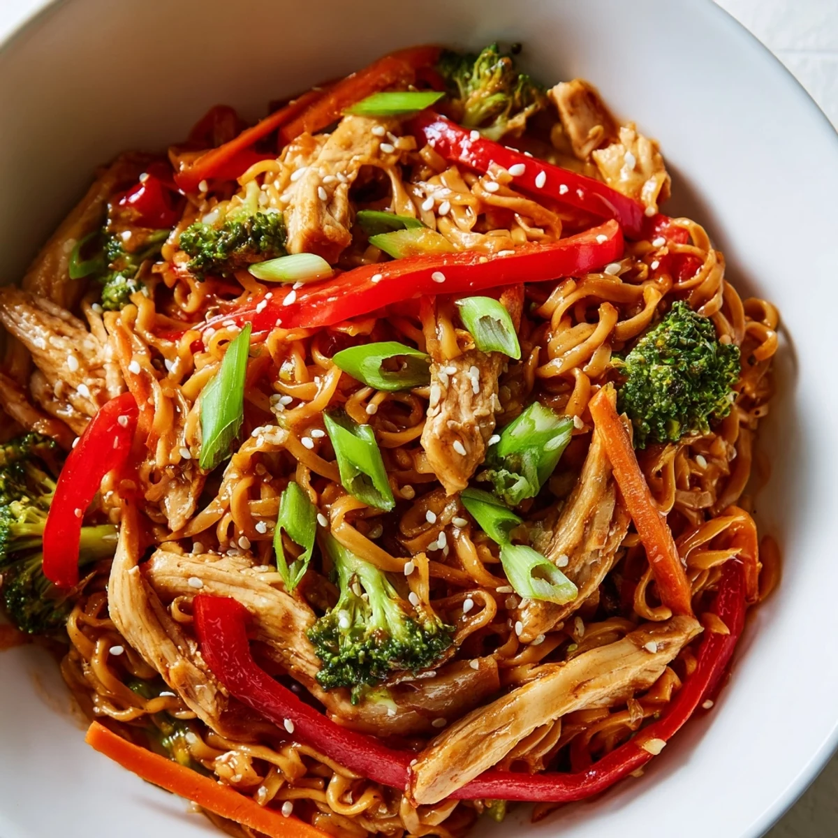 A close-up of colorful Spicy Ramen Stir-Fry, garnished with green onions and toasted sesame seeds.