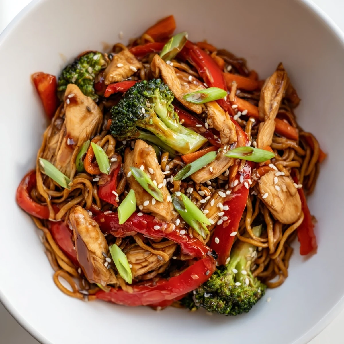 Quick and easy Spicy Ramen Stir-Fry tossed with noodles and a bold, glossy sauce in a skillet.
