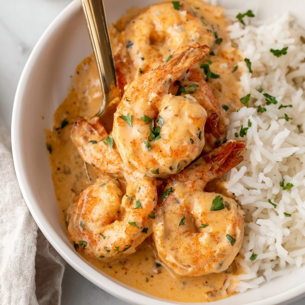 Plump Cajun shrimp glisten in a rich, creamy sauce served over a fluffy bed of fragrant jasmine rice.