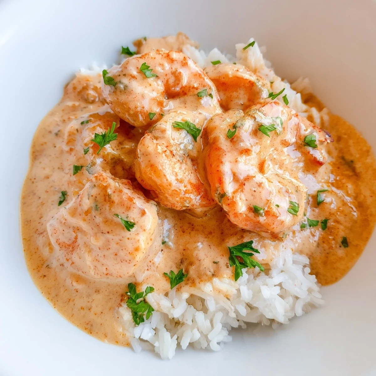 Spicy Cajun shrimp and vibrant bell peppers in a luscious cream sauce, piled high on a steaming rice bowl.