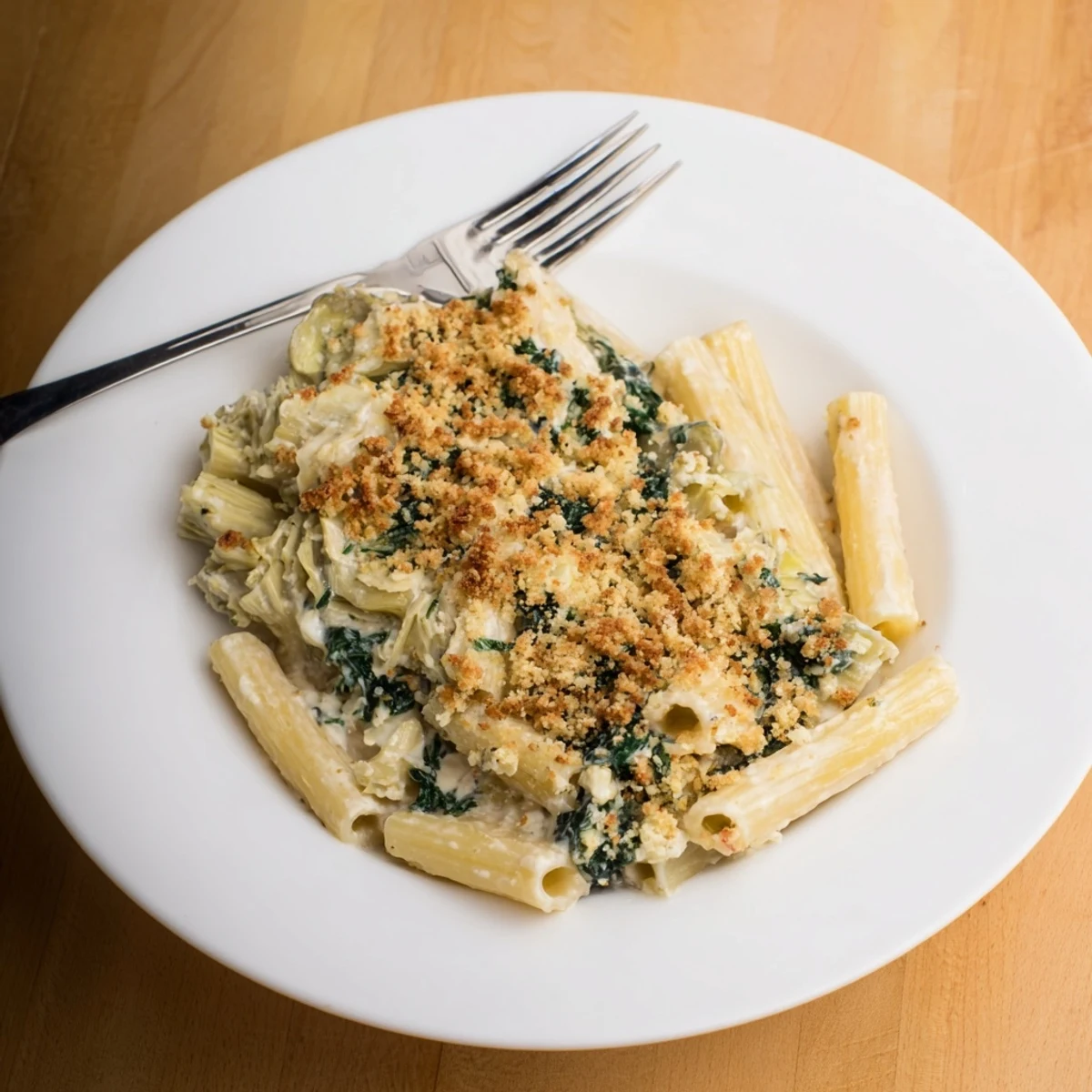 Golden, bubbling Artichoke Pasta Bake fresh from the oven, with a crispy breadcrumb topping and tender pasta peeking through the creamy sauce.