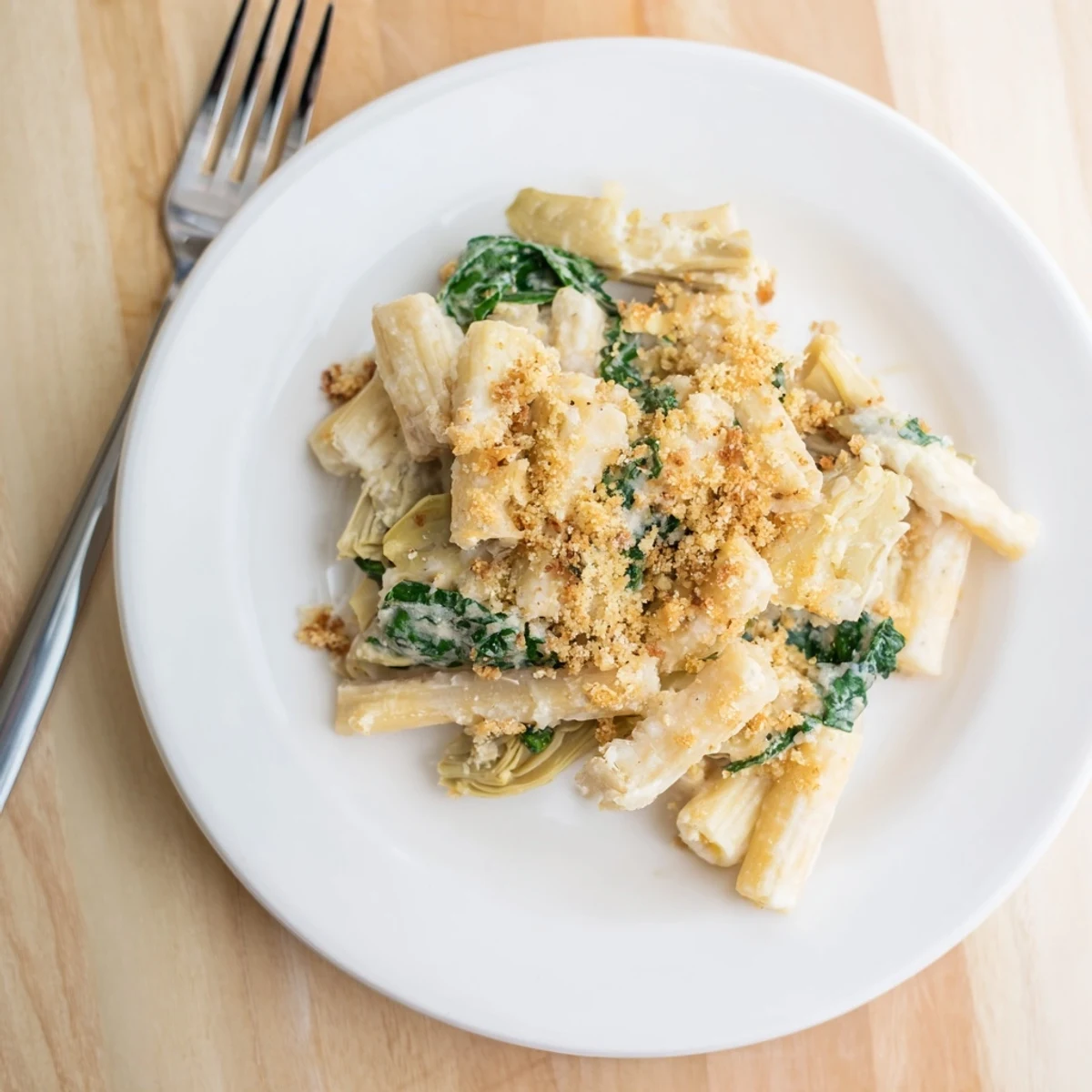 A close-up of the creamy Artichoke Pasta Bake, showcasing wilted spinach and marinated artichoke hearts nestled in penne pasta.
