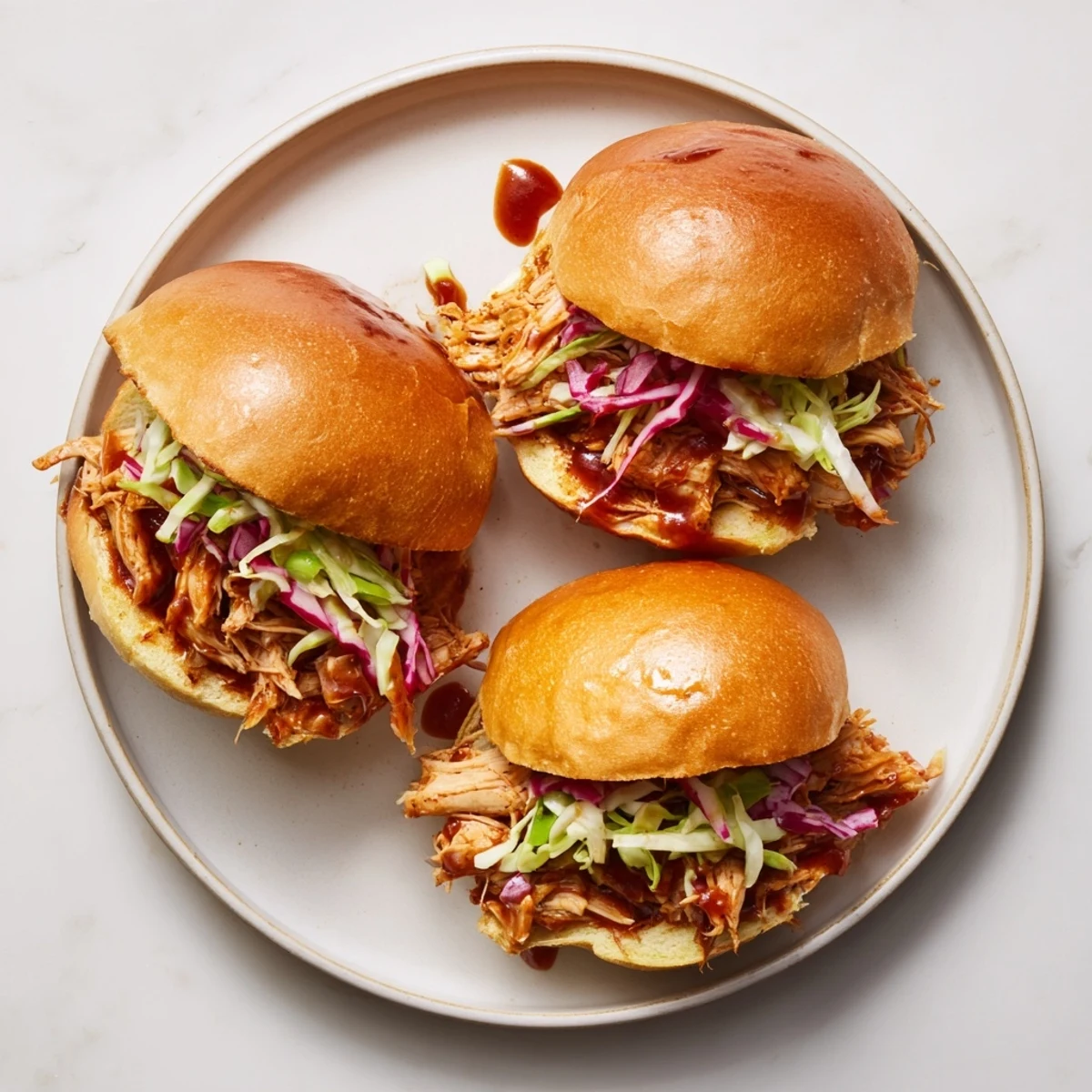 Savory pulled BBQ chicken sliders topped with tangy slaw, perfect for a game day snack.