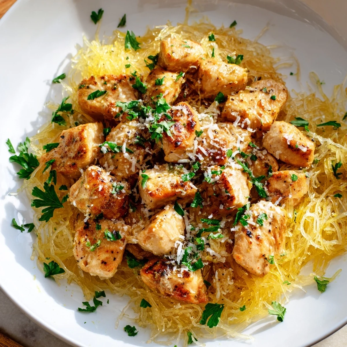 Golden-brown lemon garlic chicken nestled in roasted spaghetti squash strands, garnished with fresh parsley and Parmesan for a light, gluten-free dinner.  