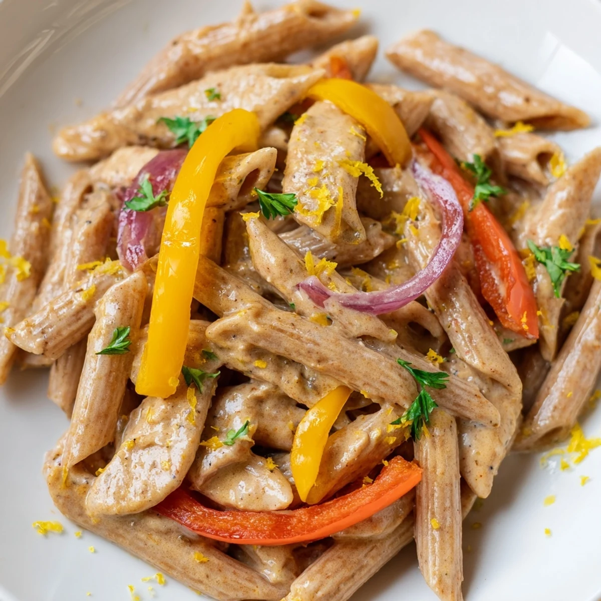 Healthy Creamy Cajun Chicken Pasta Lite plated with a sprinkle of Parmesan, a lemon wedge, and vibrant peppers for a flavorful main dish.