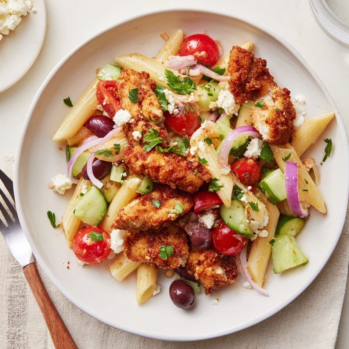 Golden crispy chicken bites rest atop a colorful bowl of Greek pasta salad, featuring bright tomatoes, cucumbers, and crumbled feta cheese.