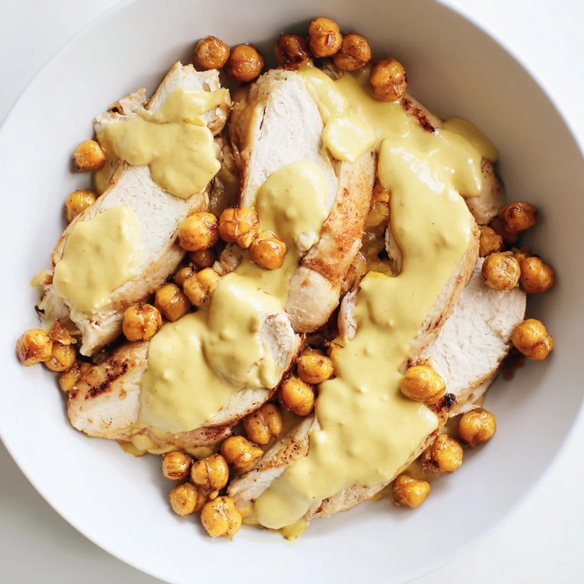 A Mediterranean-inspired Lemon Tahini Chicken Power Bowl features tender chicken, vibrant vegetables, and a zesty tahini drizzle over nutty farro and greens.