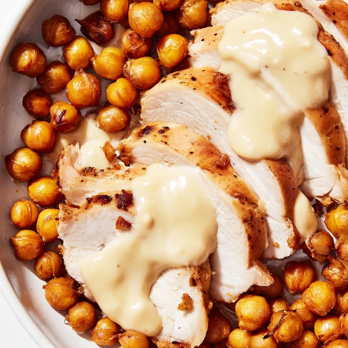 Sliced roasted chicken and golden chickpeas fill a Lemon Tahini Chicken Power Bowl with wholesome farro, crisp veggies, and a bright lemon-tahini finish.