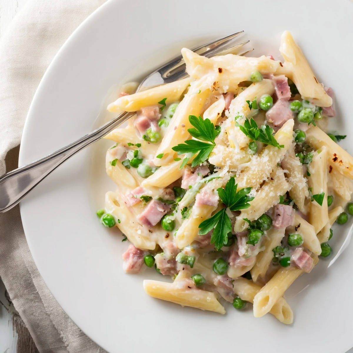 Bright green peas and savory ham coat every penne noodle in this easy Spring Pea & Ham Pasta dinner.
