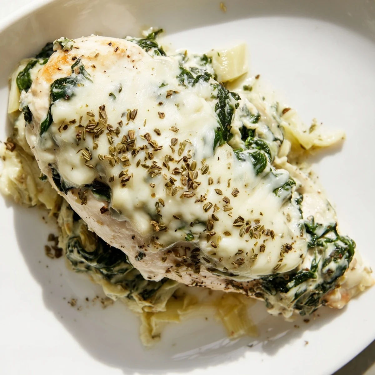 Golden-brown baked chicken breasts topped with creamy spinach and artichoke mixture, served hot from the oven.