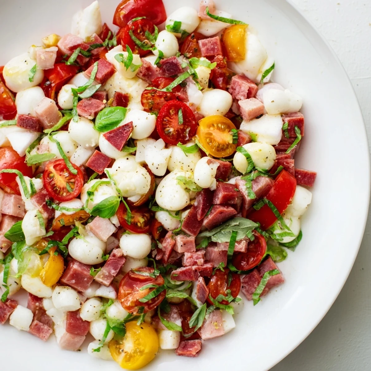 Freshly tossed Crunchy Antipasto Chopped Salad with chickpeas, salami, mozzarella pearls, and crisp vegetables in zesty Italian dressing.