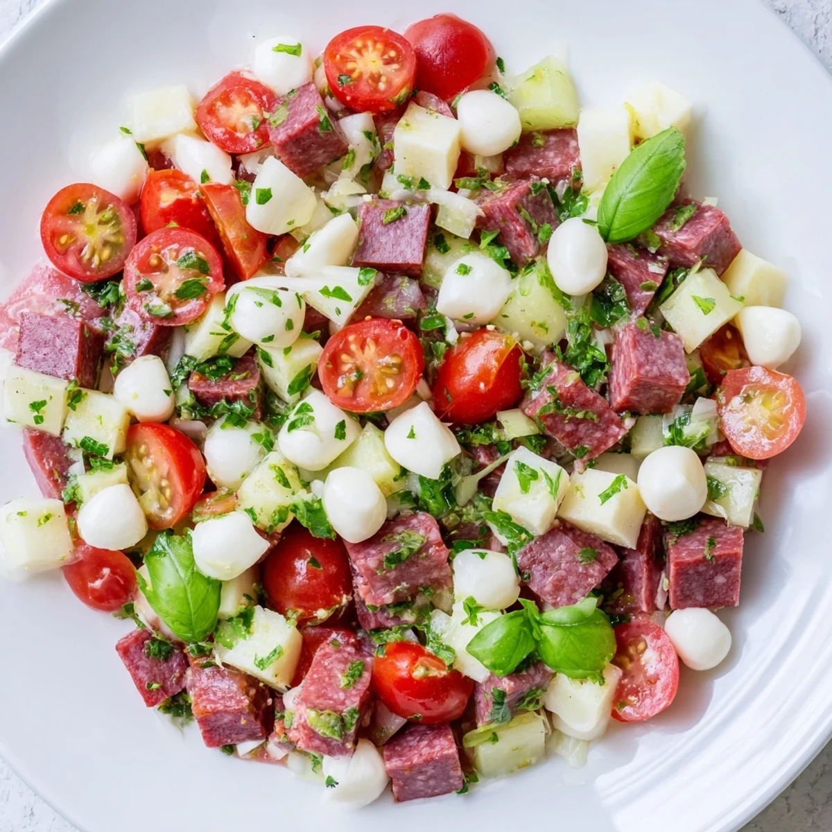 A colorful bowl of Crunchy Antipasto Chopped Salad ready to serve, garnished with fresh basil and parsley.