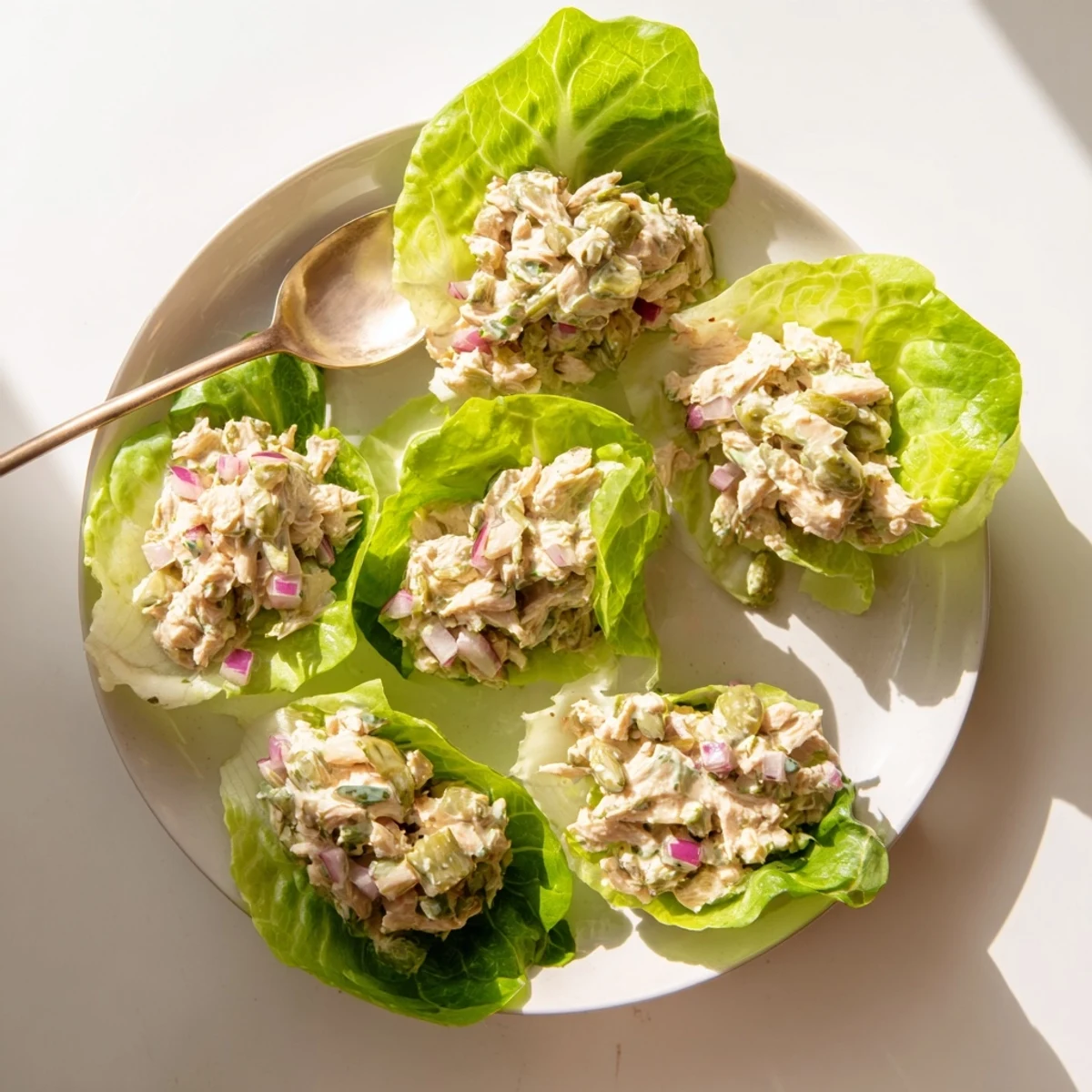 Savory dill pickle chicken salad lettuce cups feature tender shredded chicken coated in creamy, tangy dressing nestled in crisp, fresh butter lettuce leaves.