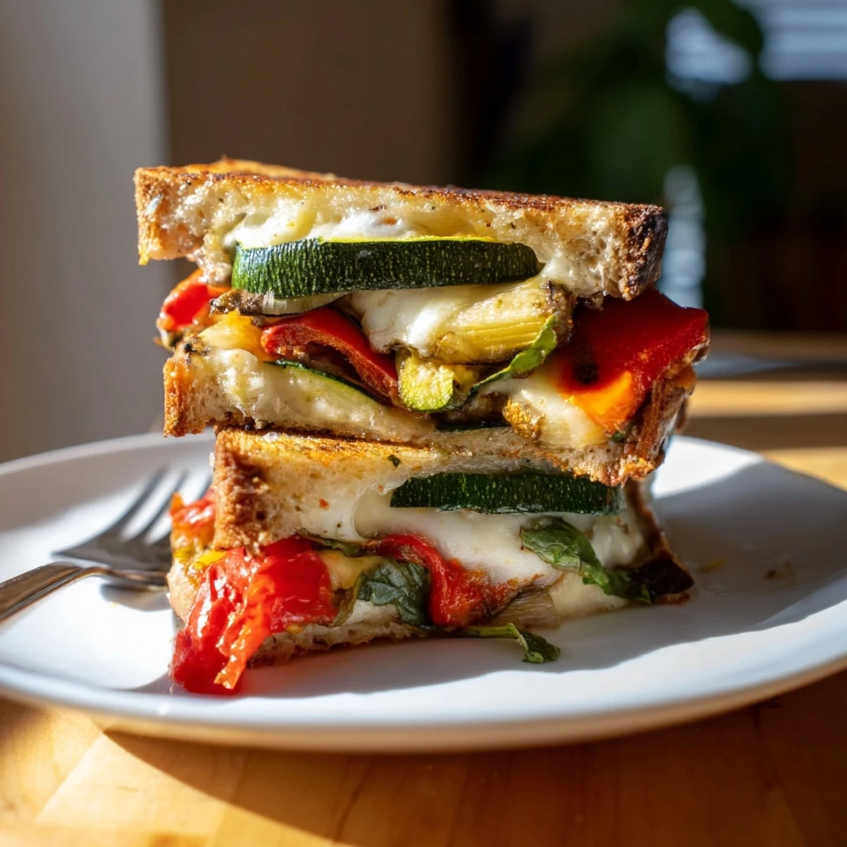 Roasted Veggie Caprese Grilled Cheese cut diagonally, revealing layers of zucchini, peppers, and fresh mozzarella.