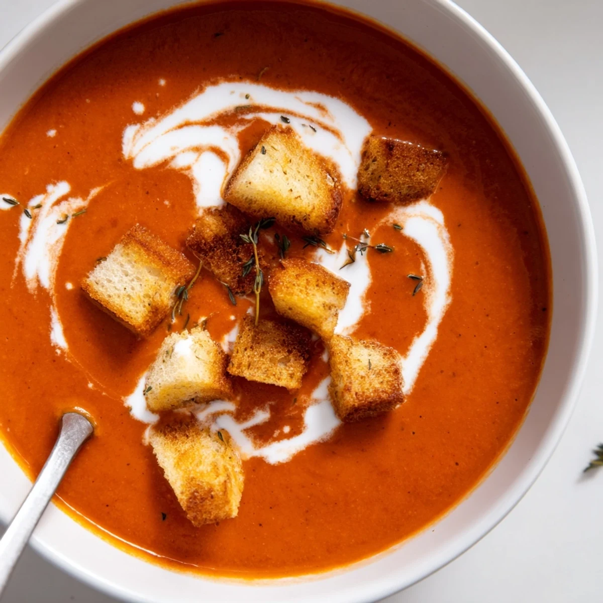 A bowl of vibrant roasted tomato soup with crispy croutons, showcasing a rich, velvety texture and fresh garnish.  