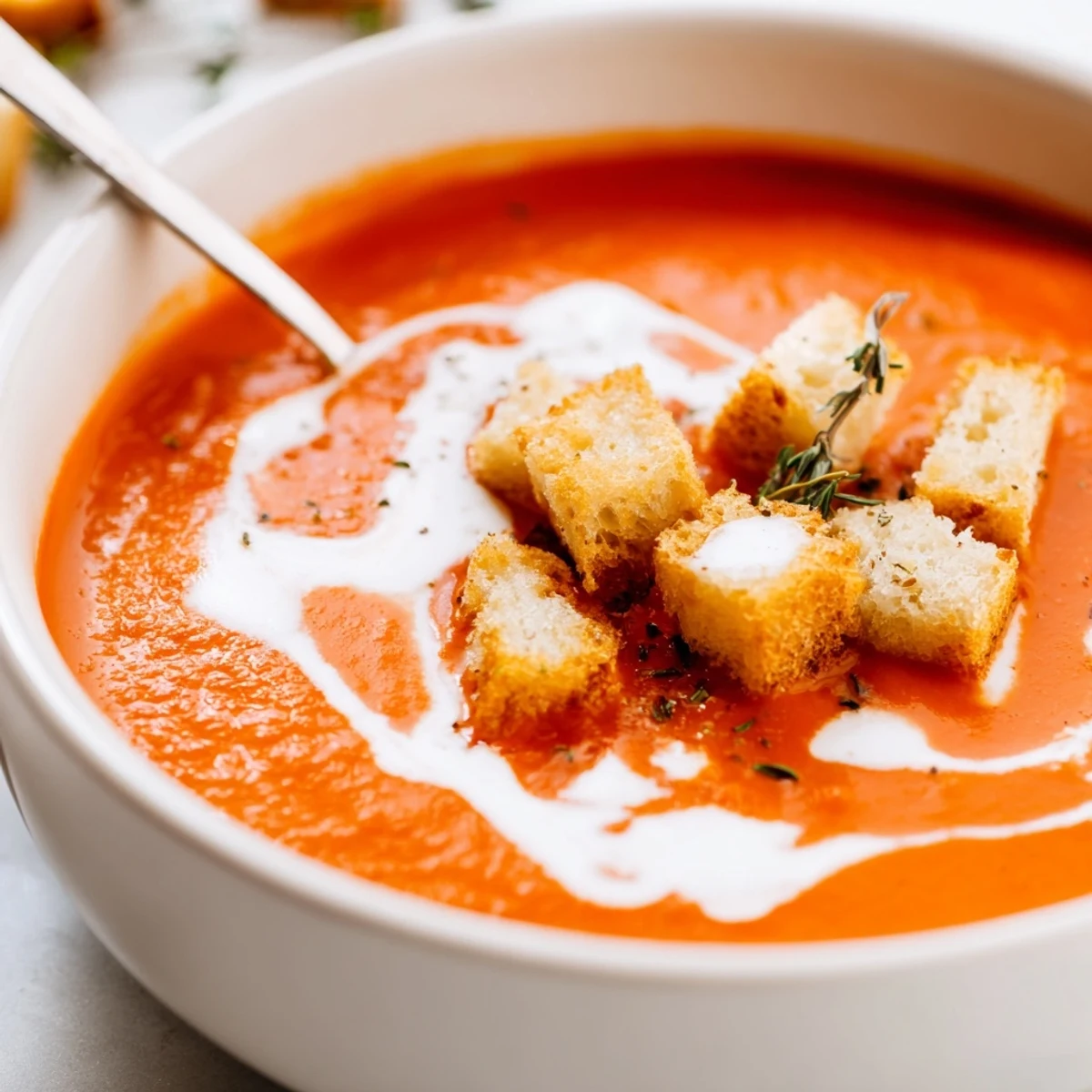 Homemade roasted tomato soup topped with crunchy croutons, garnished with basil, ideal for a quick weeknight dinner.