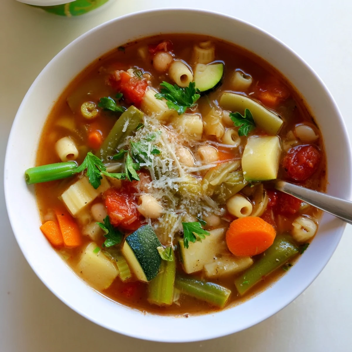 A close-up of steaming minestrone vegetable soup in a rustic bowl, with visible carrots, beans, and fresh parsley garnish.