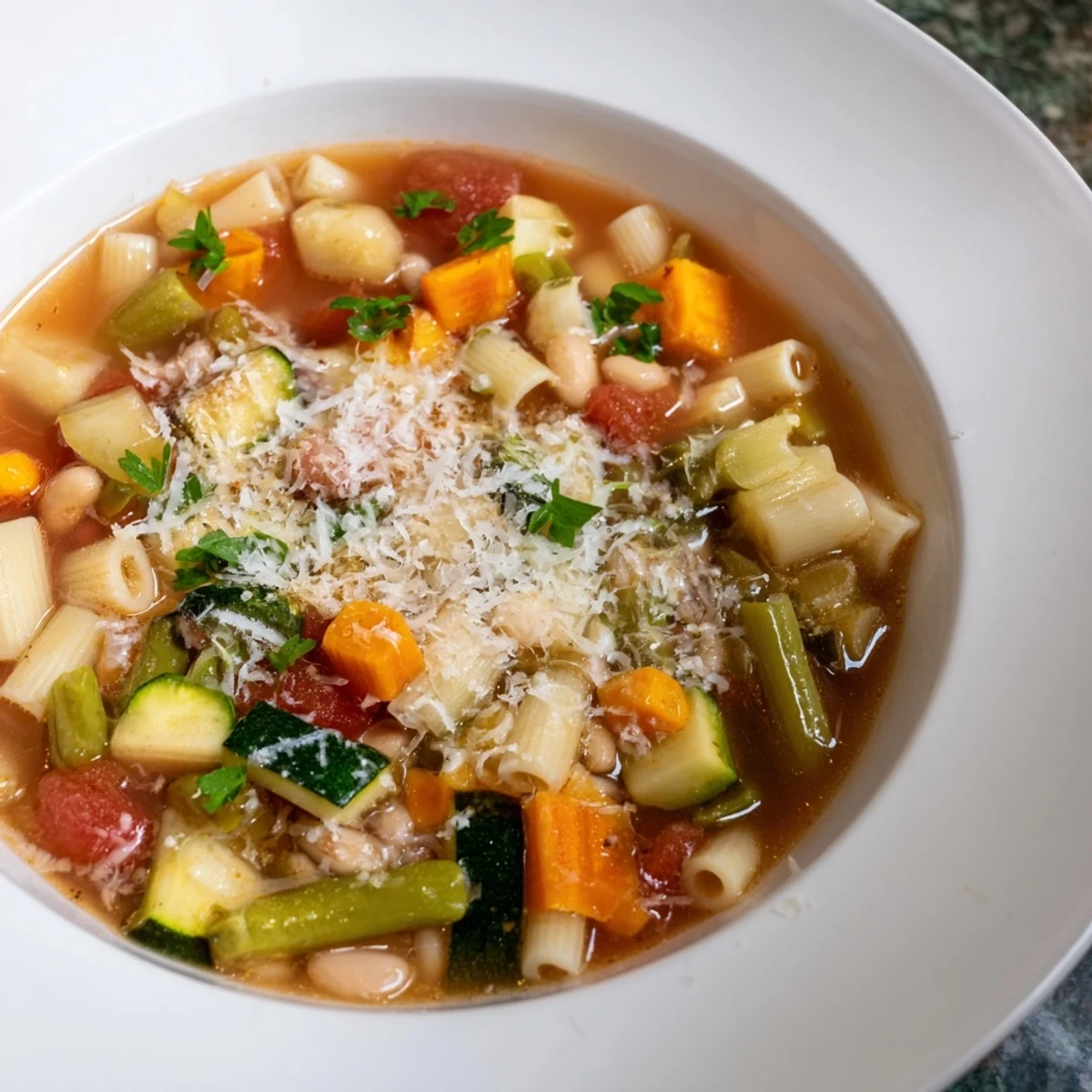 Hearty minestrone vegetable soup in a white bowl, topped with grated Parmesan and fresh basil, served with crusty bread.