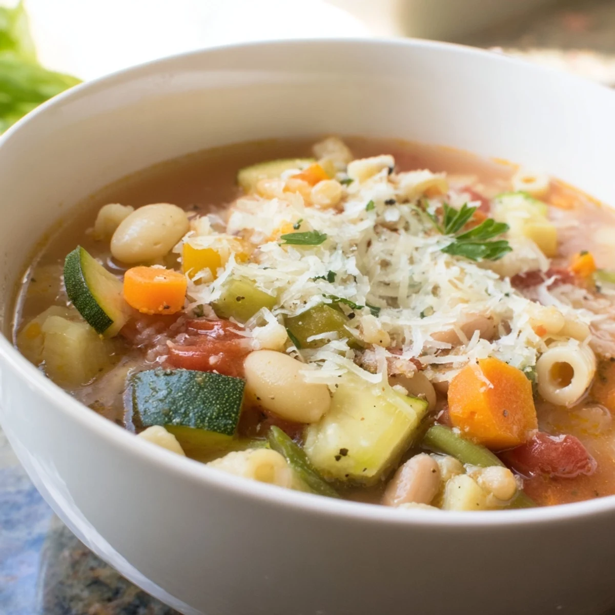 A spoon lifting a serving of minestrone vegetable soup from a pot, showcasing diced zucchini and pasta in tomato broth.