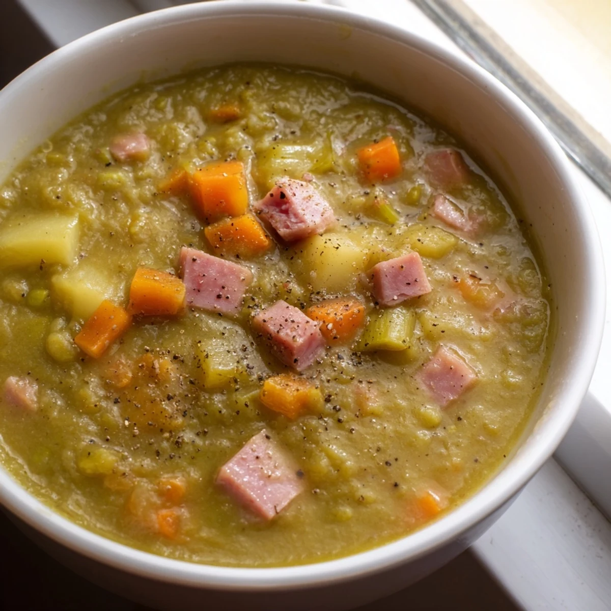 Steaming bowl of creamy Split Pea Soup garnished with thyme and black pepper.