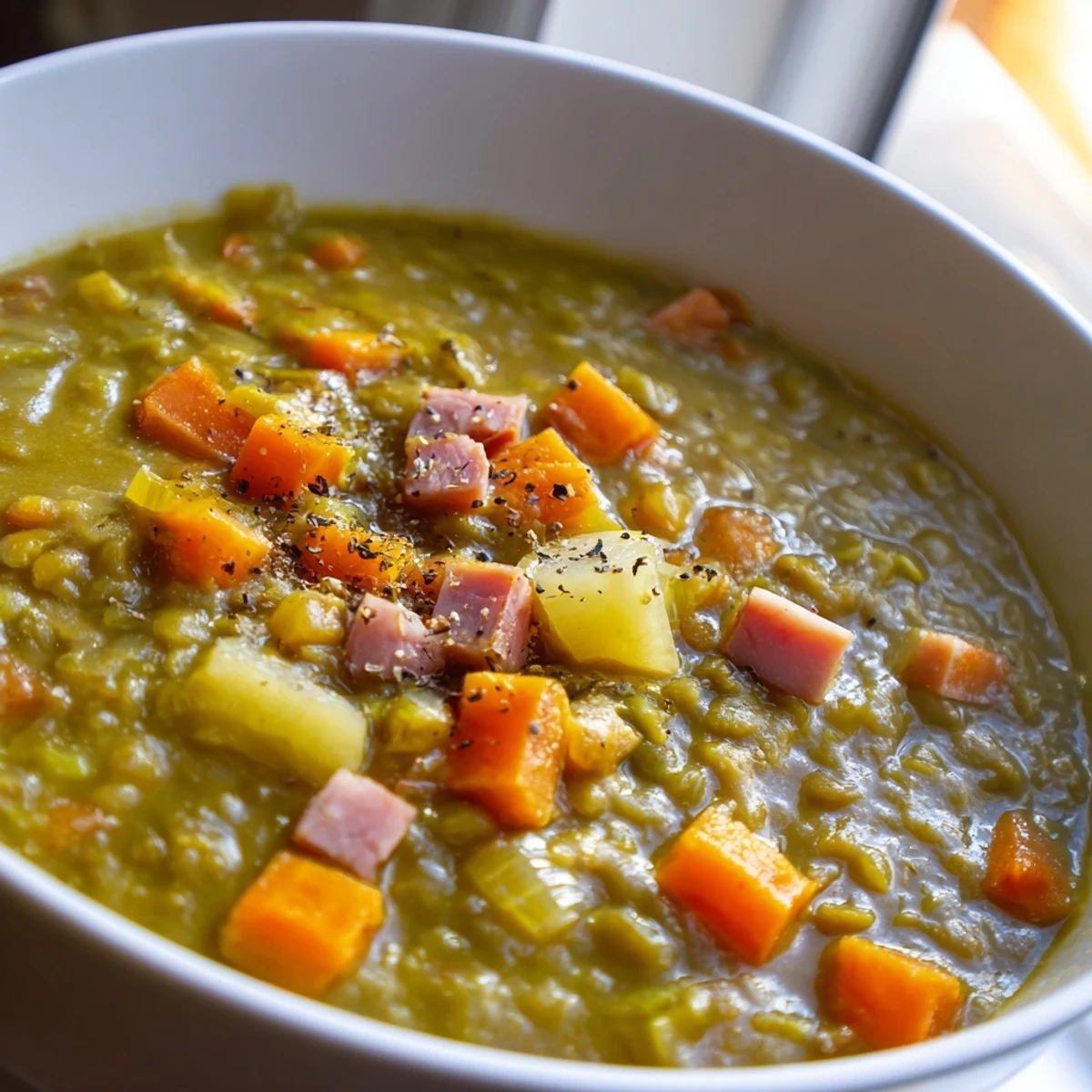 Close-up of hearty Split Pea Soup with diced carrots and potatoes in a rustic pot.