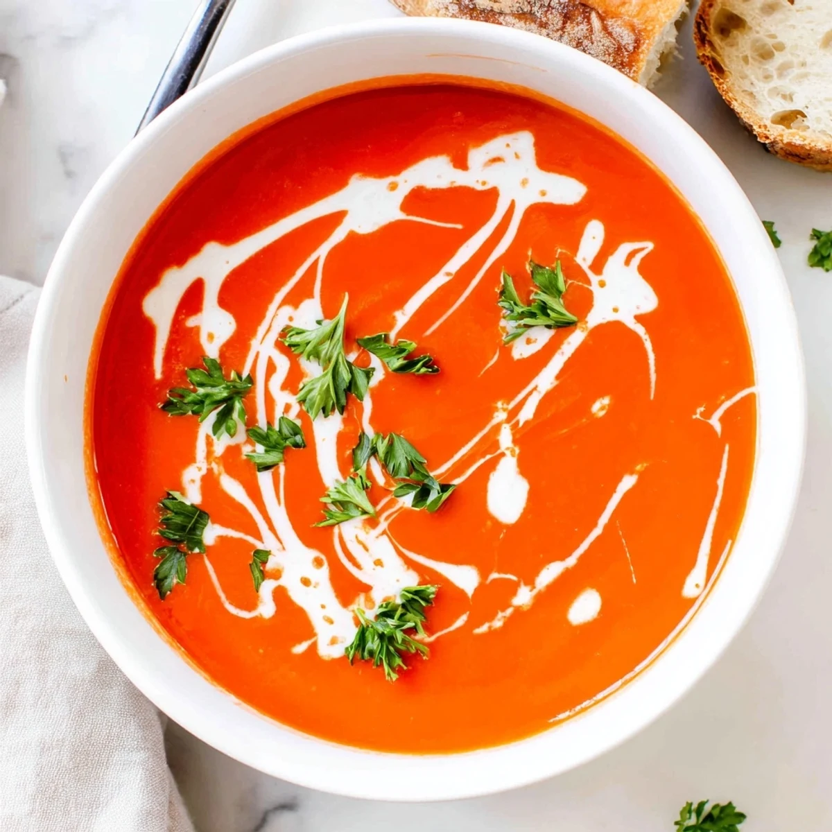 A bowl of roasted red pepper soup garnished with fresh parsley and a swirl of crème fraîche.