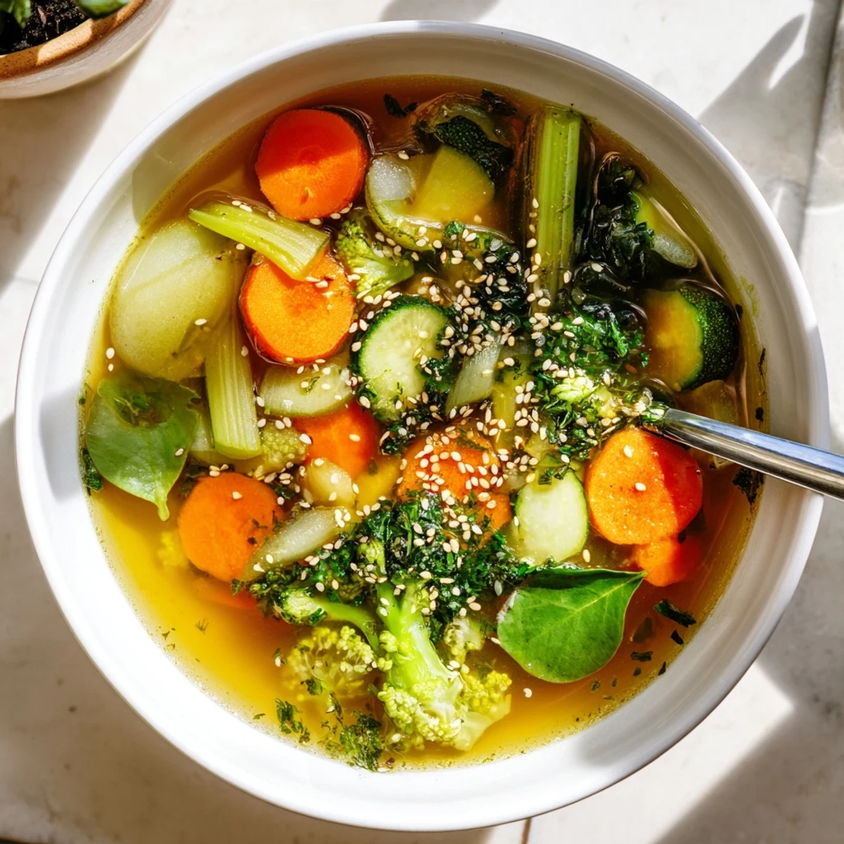 A steaming bowl of Collagen-Boosting Broth Bowl filled with carrots, broccoli, and zucchini, garnished with fresh parsley and sesame seeds.