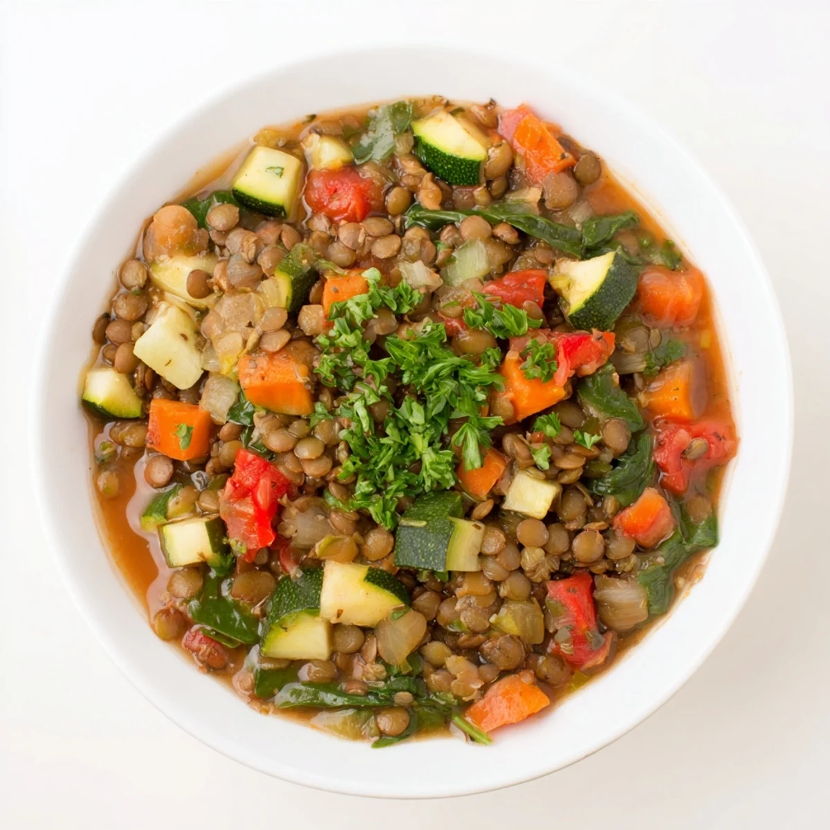 A warm bowl of Lentil and Vegetable Soup garnished with fresh parsley and a lemon wedge, steaming gently beside rustic bread.