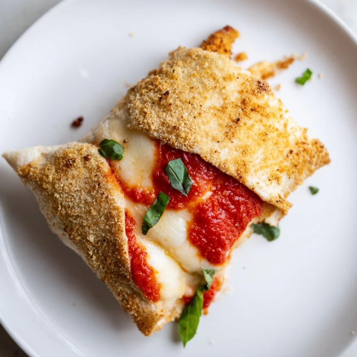 Golden-brown crispy chicken cutlet nestled in a soft tortilla with melted mozzarella and fresh basil for a handheld Crispy Chicken Parm Wrap.  