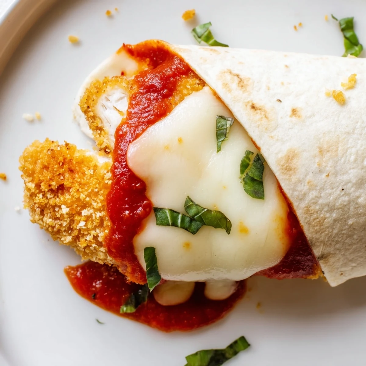 A toasted, golden-wrapped Crispy Chicken Parm with melted mozzarella, ready to dip in extra marinara sauce.