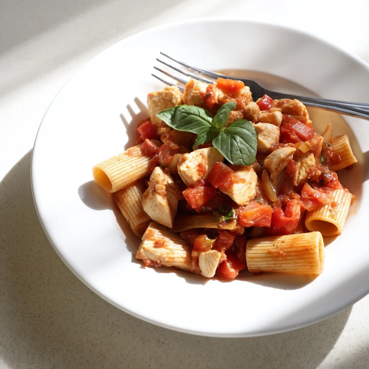 Close-up of Tomato Basil Chicken Pasta with golden chicken and fresh basil garnish.