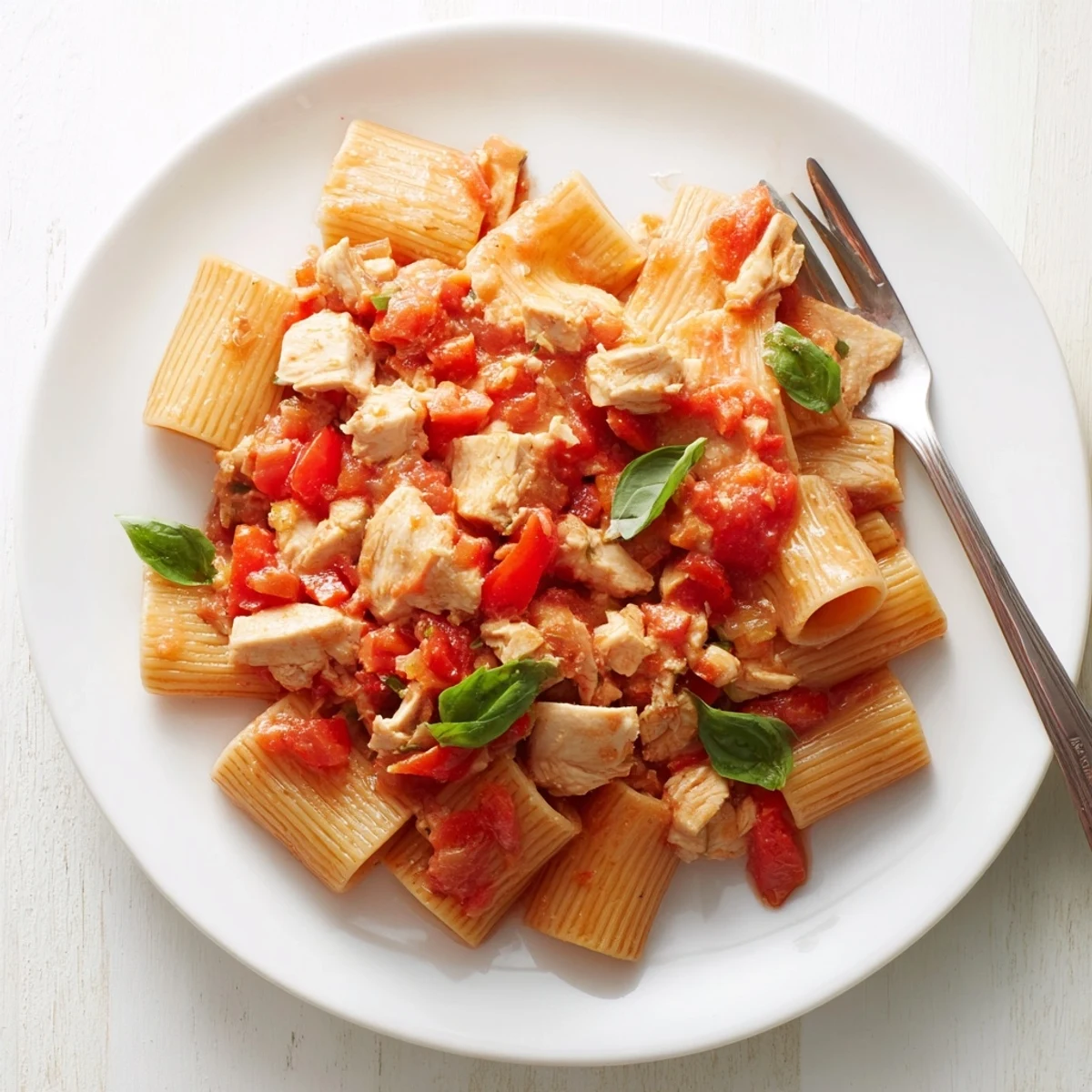 Steaming bowl of Tomato Basil Chicken Pasta tossed in a rich red tomato sauce.