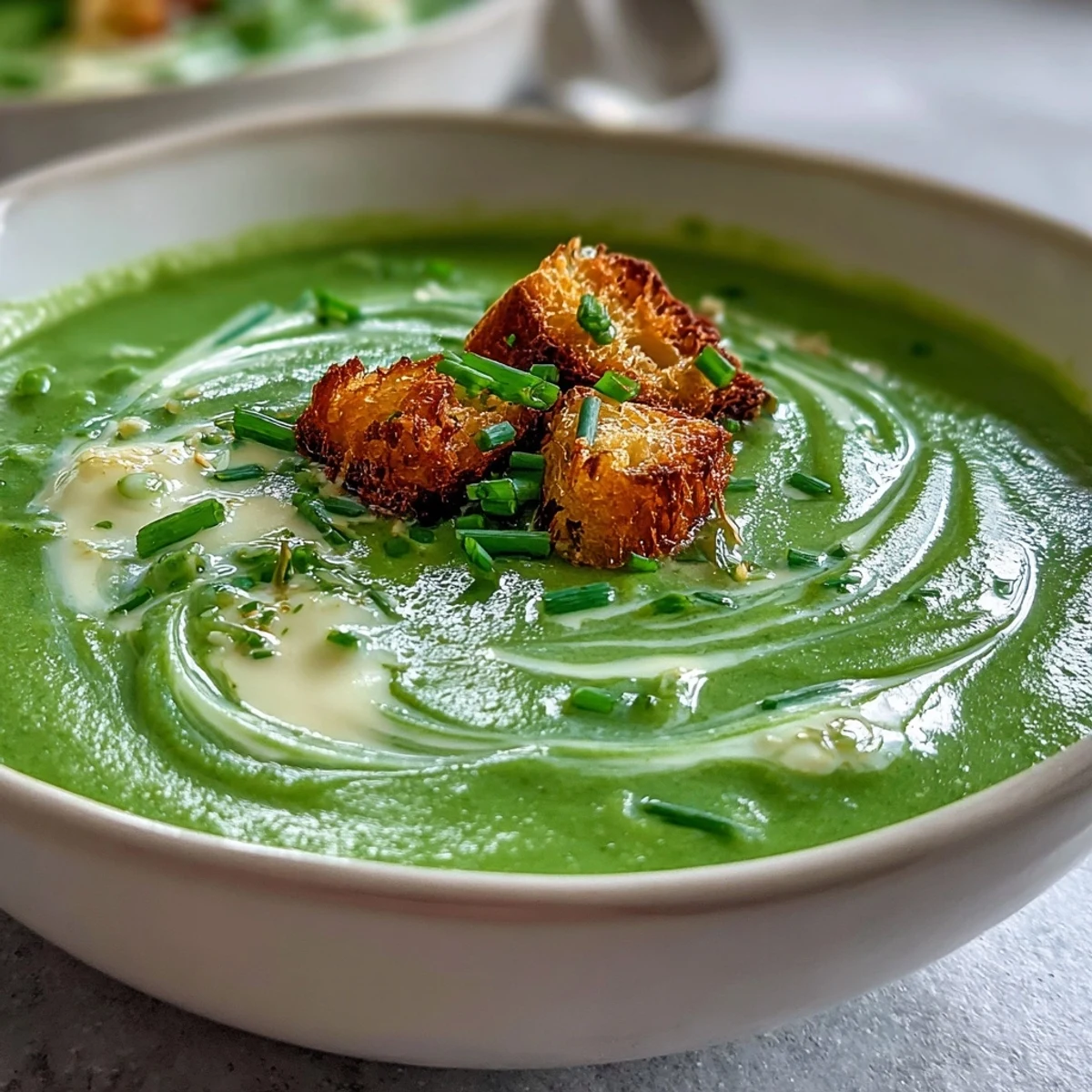 Smooth, velvety broccoli soup with a rich cream swirl, perfect for a cozy dinner.