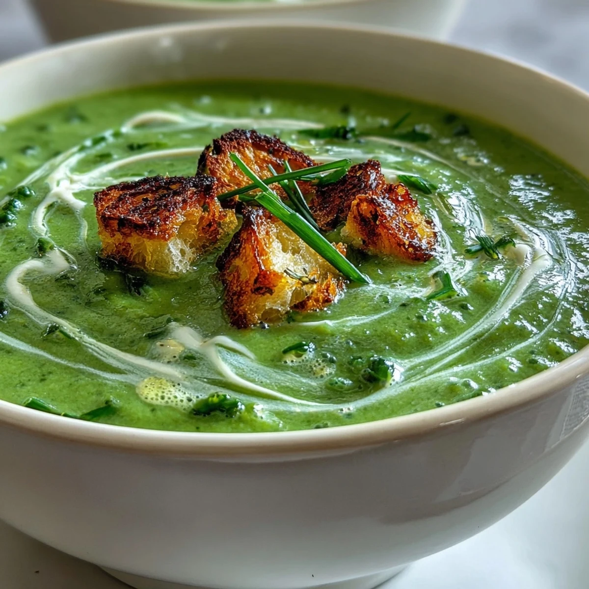 Hearty, homemade creamy broccoli soup, ready to be spooned into a comforting bowl.