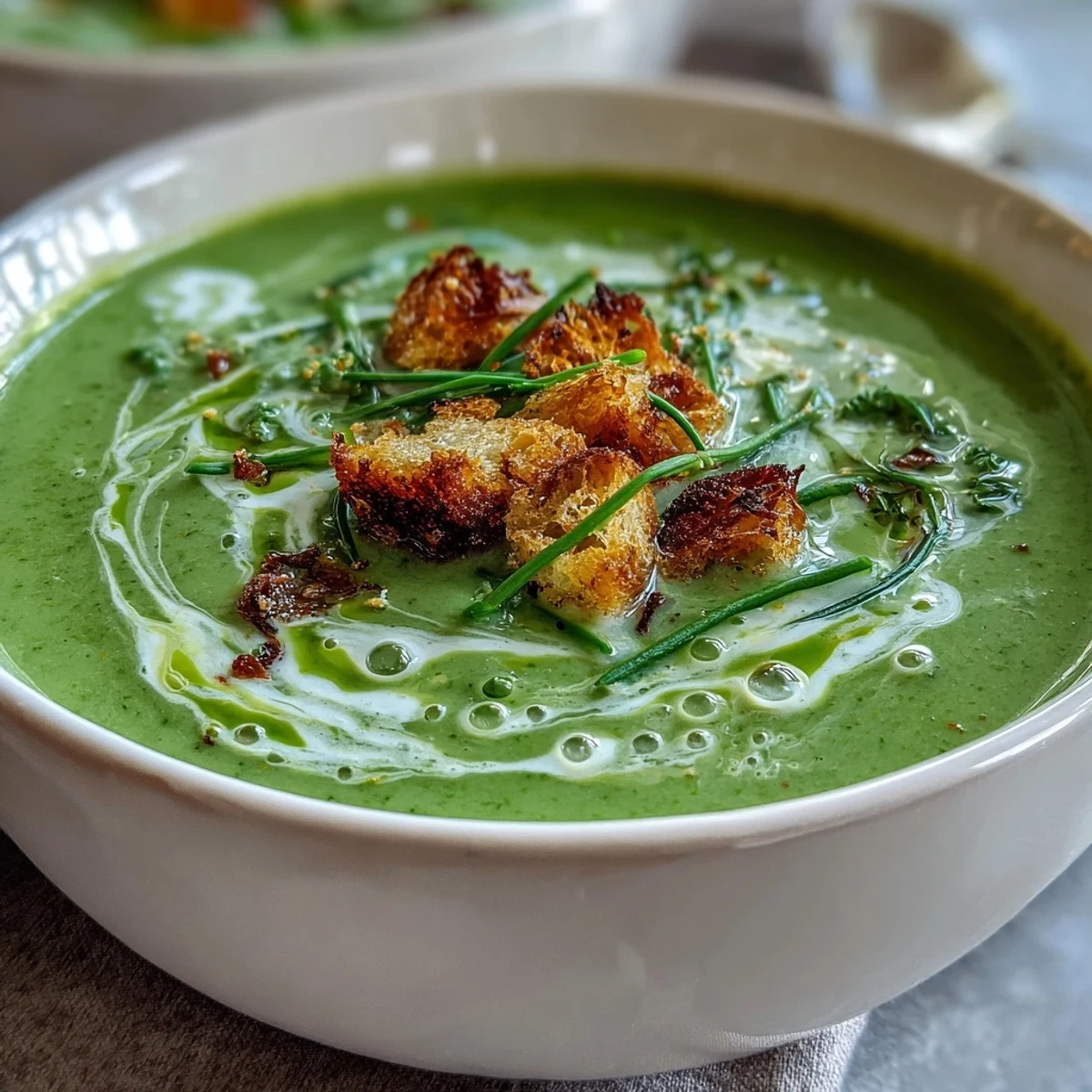 Velvety creamy broccoli soup, garnished with a swirl, ideal for a satisfying lunch.