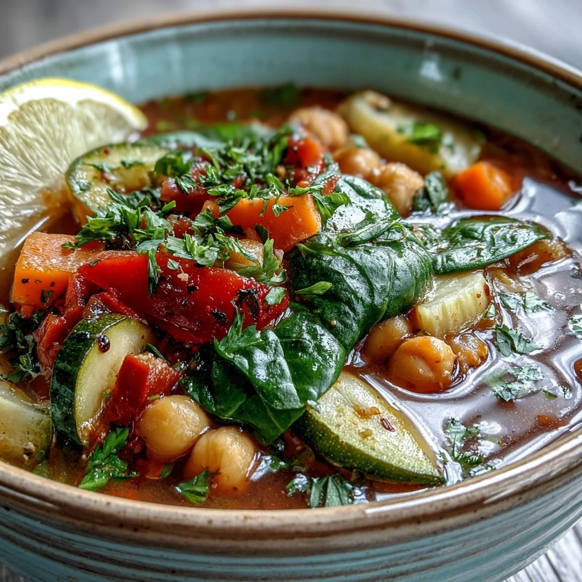 Hearty Chickpea Stew served in a rustic bowl with fresh parsley and lemon wedges, ready to enjoy.