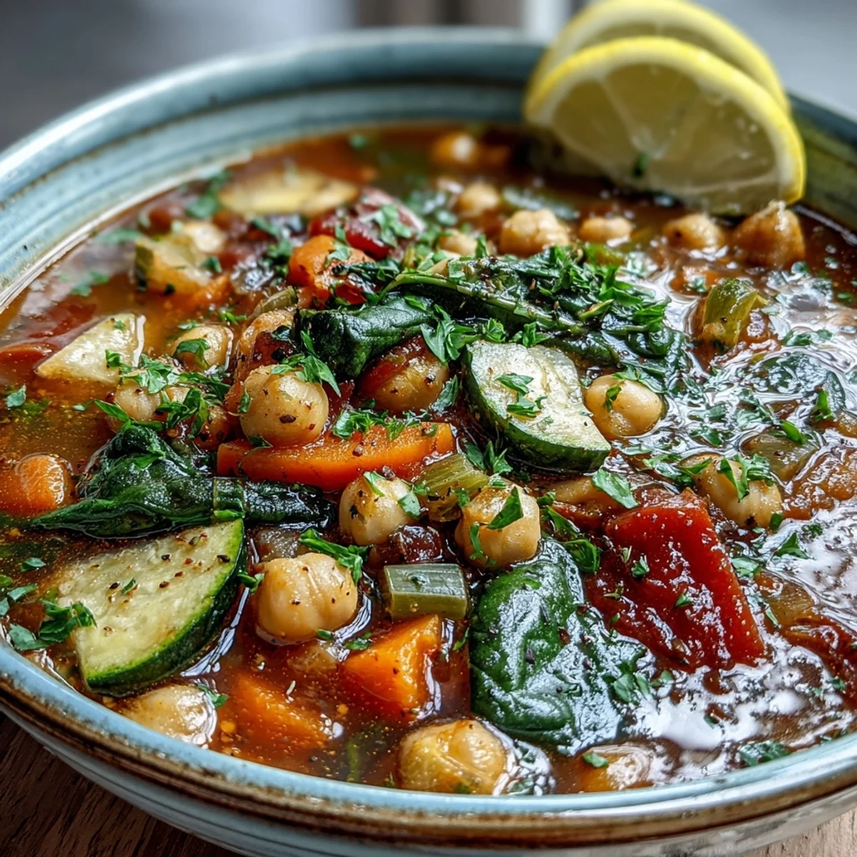Chickpea Stew simmering in a large pot, showcasing chickpeas and zucchini with a rich, savory broth.