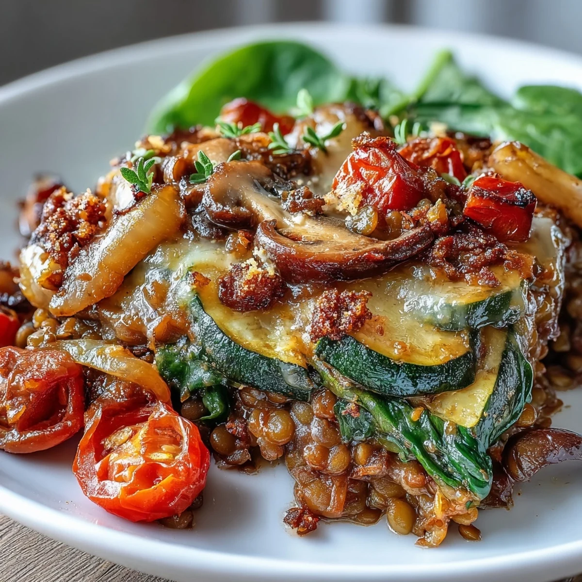 Golden-brown Green Lentil and Vegetable Casserole fresh from the oven, topped with melted Parmesan and fresh herbs.