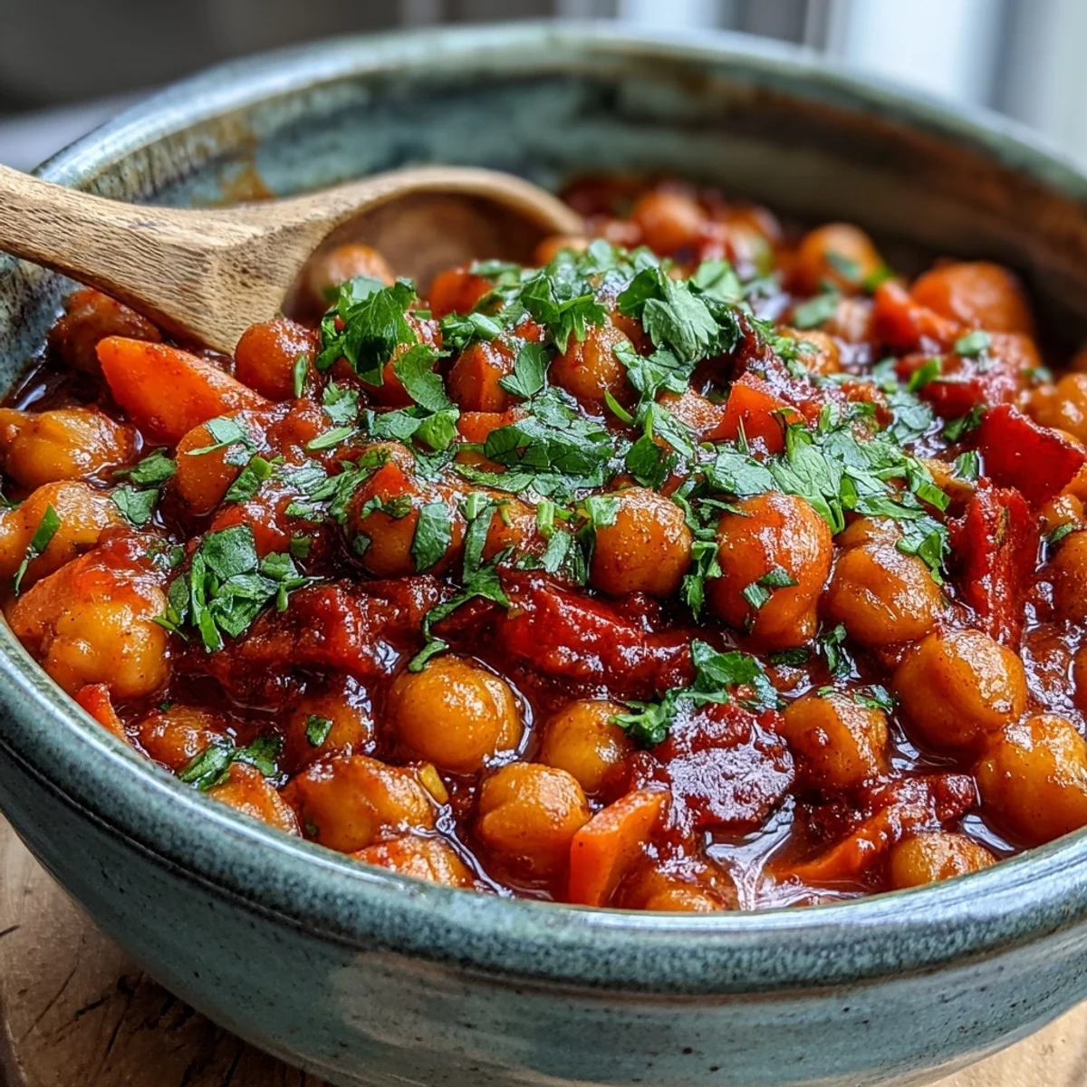 Spicy Chickpea Stew simmering in a pot, with aromatic steam rising from tender chickpeas and vibrant diced vegetables in a rich tomato broth.