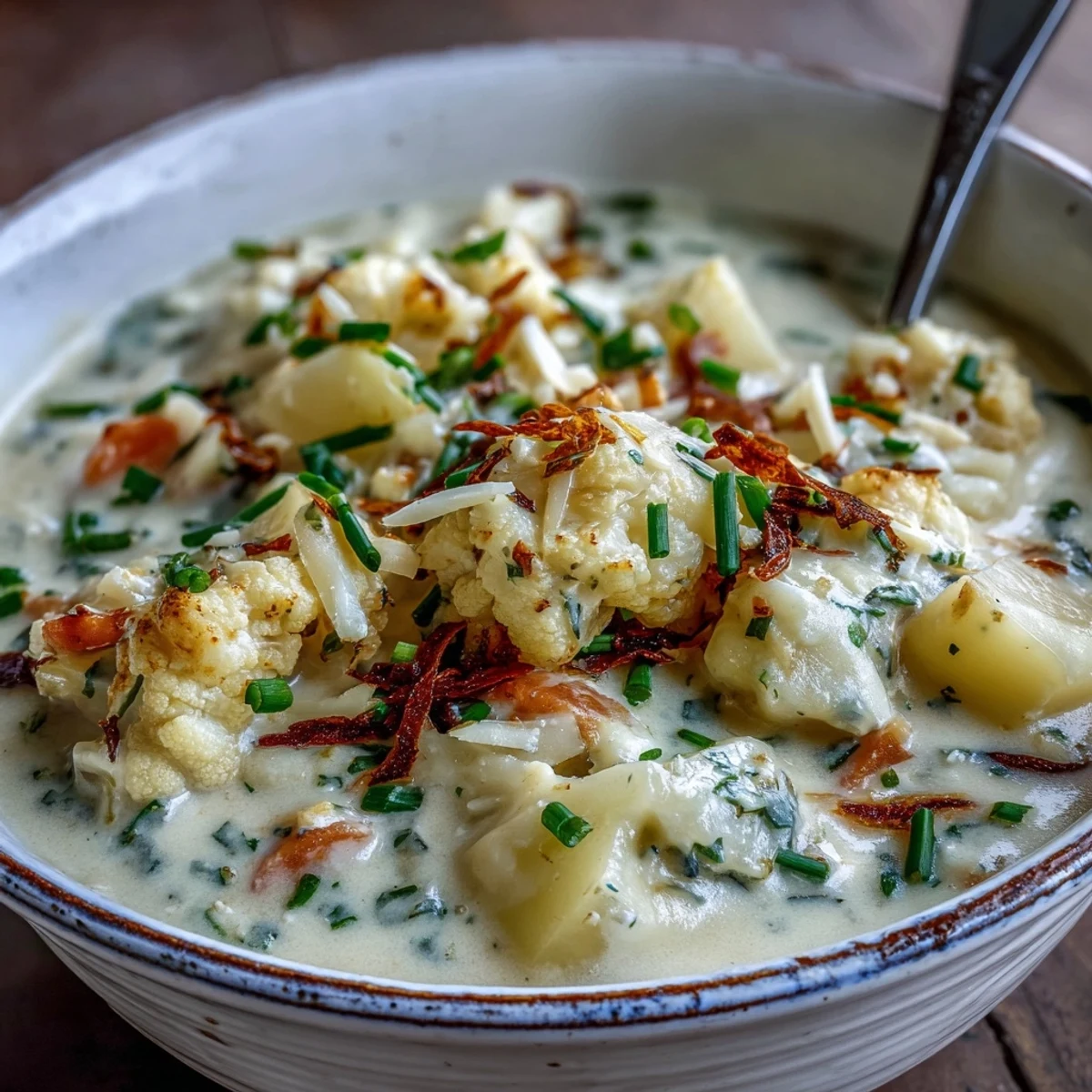 Ladle of rich Vegetarian Cauliflower Chowder with tender potatoes and carrots, steam rising, paired with crusty bread on the side.