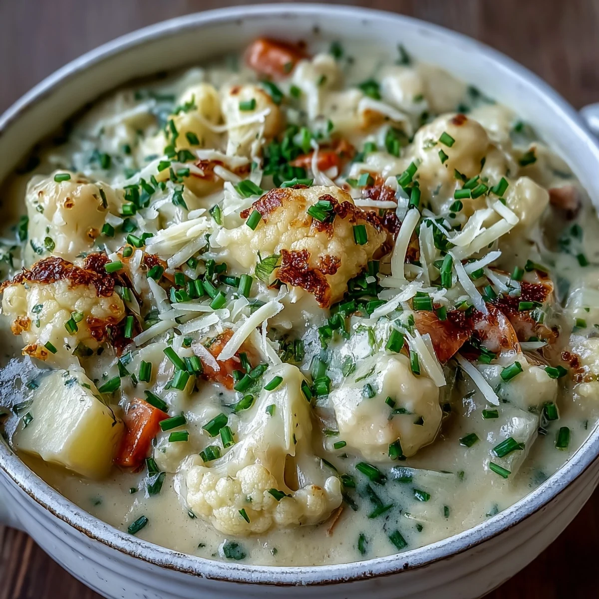 A cozy pot of Vegetarian Cauliflower Chowder on a wooden table, topped with cheddar and chives for a comforting meal.