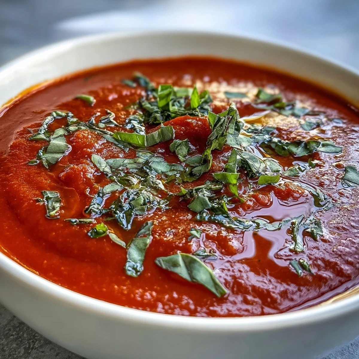 Freshly blended Tomato and Basil Soup in a rustic white bowl, garnished with basil leaves and an olive oil drizzle, served beside crusty bread for dipping.