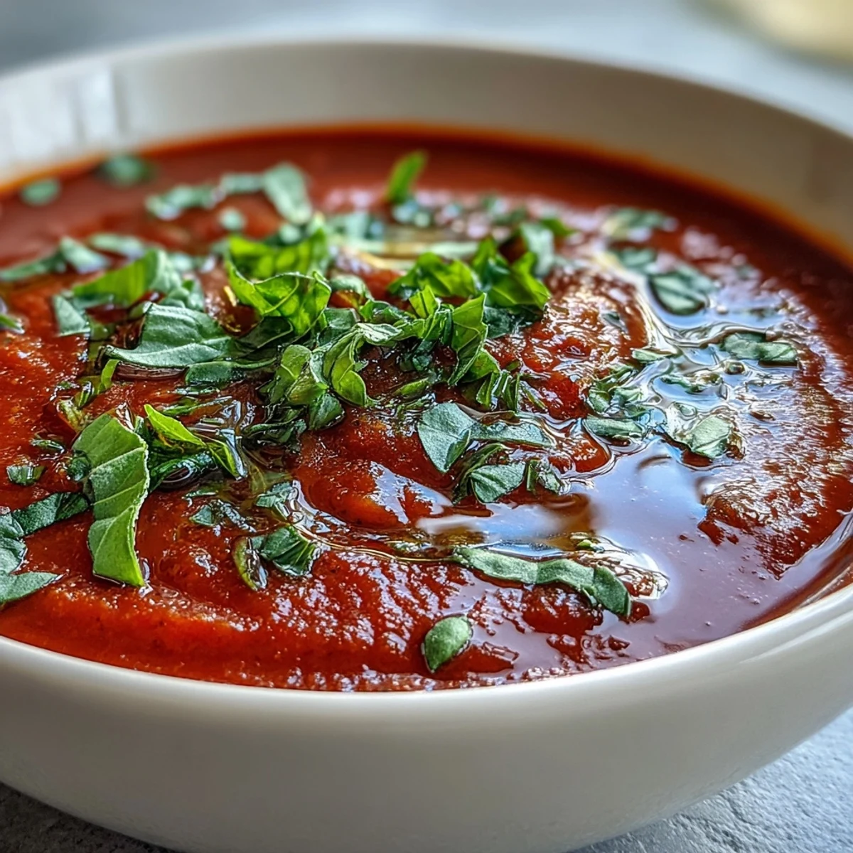 Steaming Tomato and Basil Soup in a ceramic bowl, topped with fresh basil and a swirl of olive oil, ready to enjoy on a cozy day.