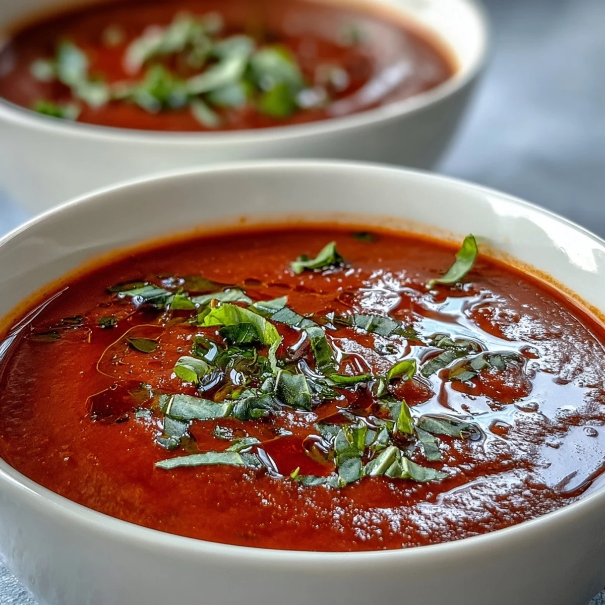 Vibrant red Tomato and Basil Soup in a clear glass mug, garnished with fresh basil and served beside grilled cheese for a comforting lunch.