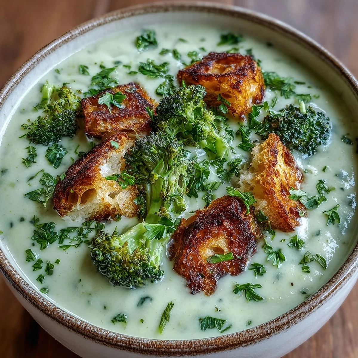 Creamy Cauliflower and Broccoli Soup garnished with golden, crunchy croutons and fresh parsley in a cozy bowl.