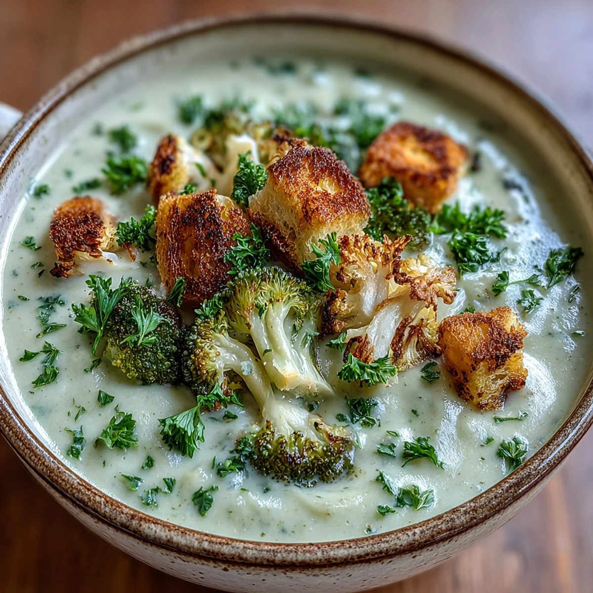 A steaming bowl of Cauliflower and Broccoli Soup topped with croutons, served alongside crusty bread for dipping.